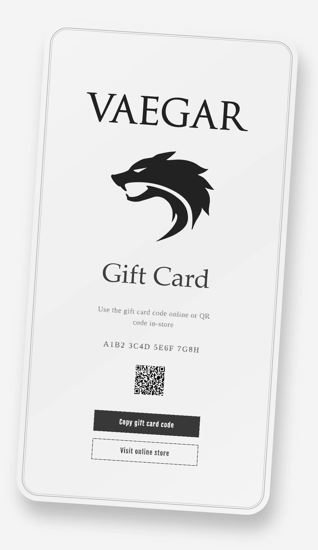 This is an preview image of a Gift Card for VAEGAR Jewellery and Accessories shop. Use this gift card code in our online store at vaegar.com