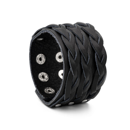 VAEGAR Braid Black Leather Bracelet on White Backgound