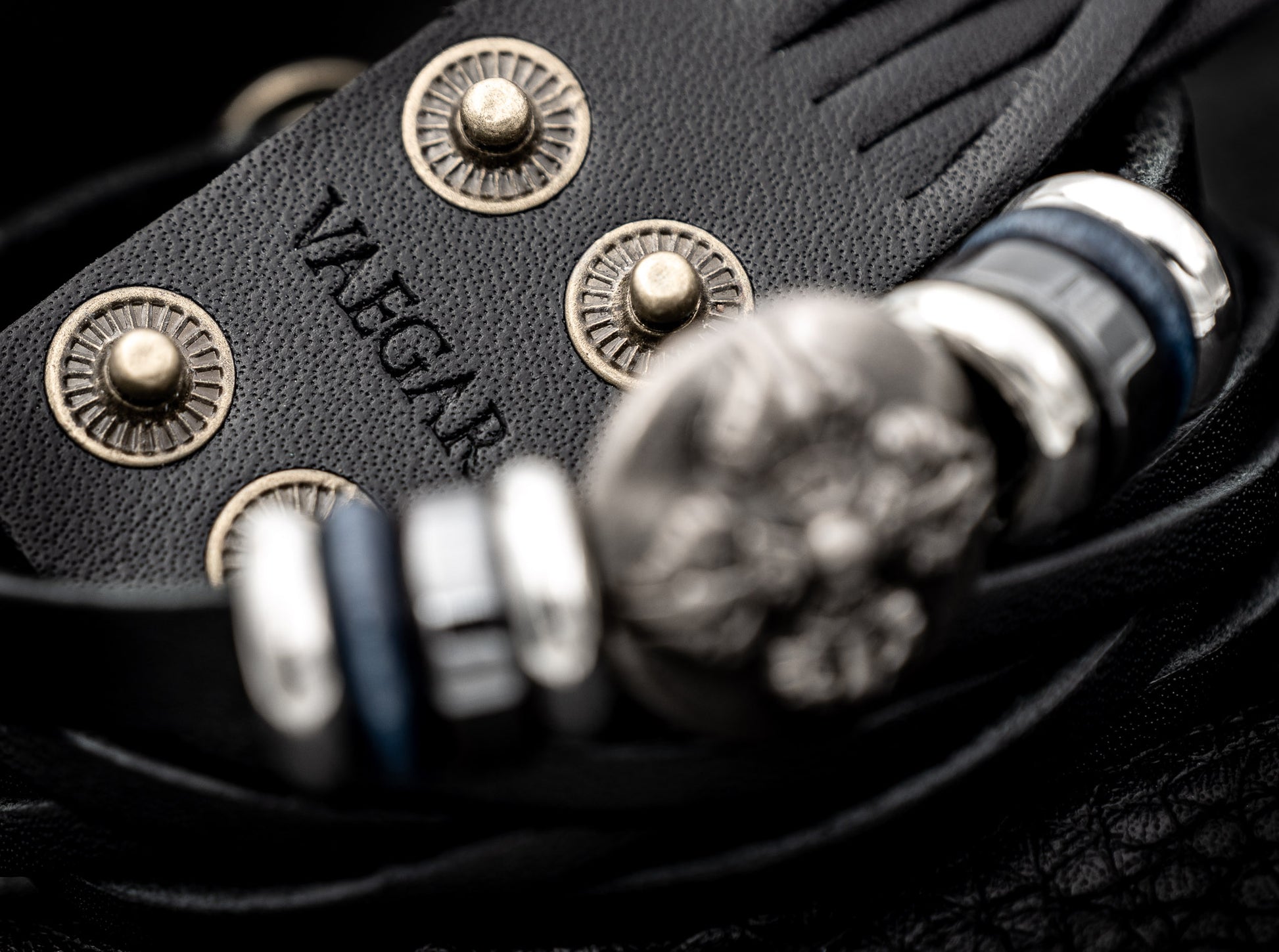 VAEGAR Compass Leather Bracelet Closeup With VAEGAR's Stamped Logo