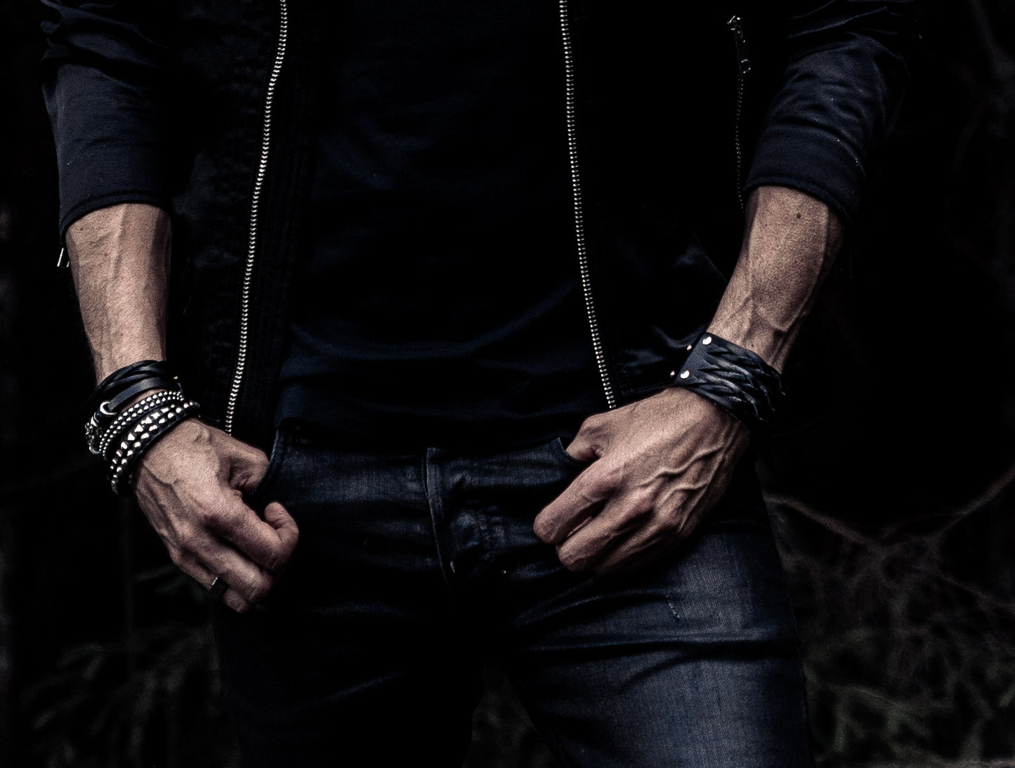 VAEGAR Braid Black Leather Bracelet and Male Model